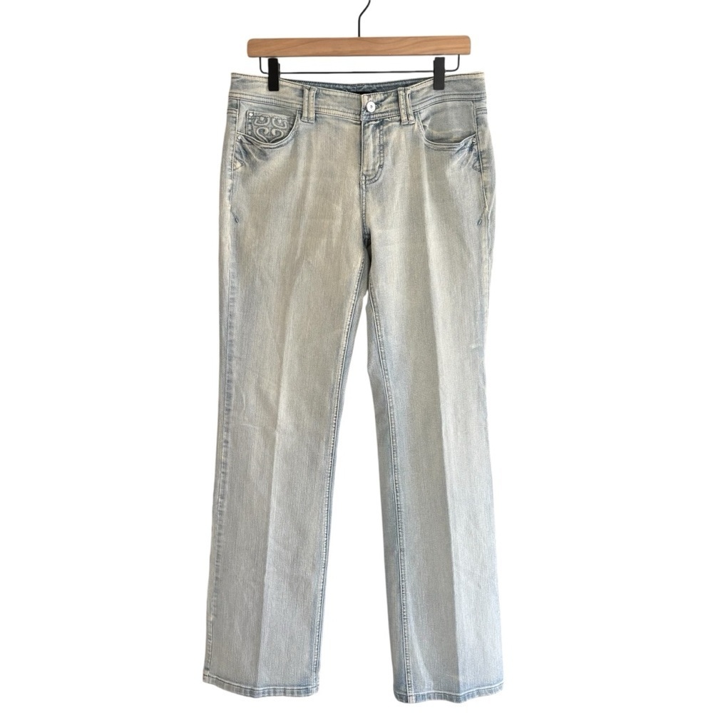 WHBM Bootcut Jeans Blanc 6R Light Wash Flap Pockets Embroidery Rhinestones
